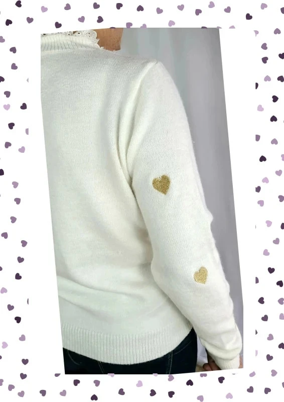 Jersey de cuello alto con encaje y corazones bordados - Talla única - Nuevo con etiqueta – photo 4